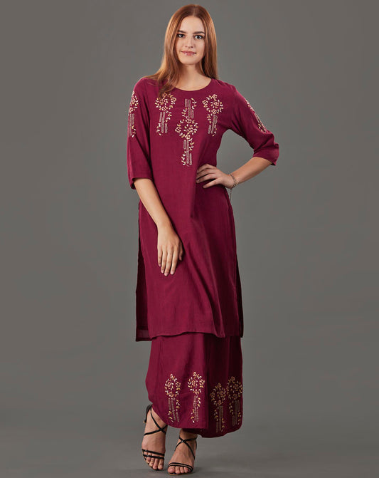MAROON EMBROIDERED COTTON SILK KURTA WITH FLARED PALAZZO