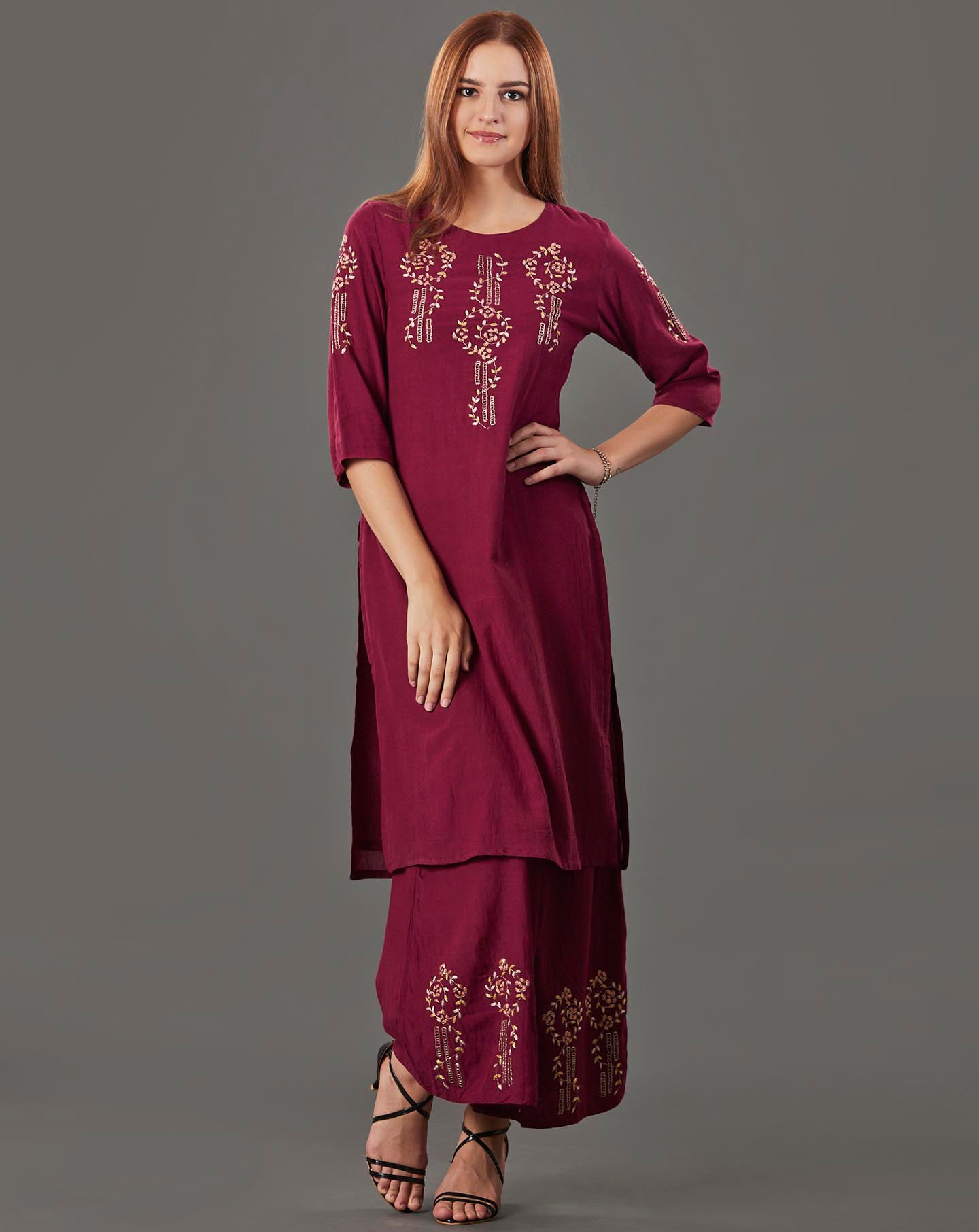 MAROON EMBROIDERED COTTON SILK KURTA