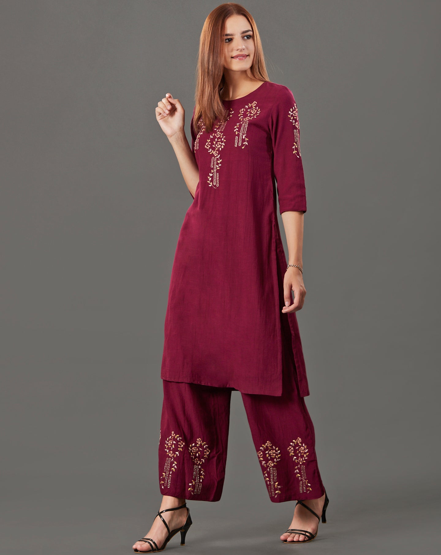 MAROON EMBROIDERED COTTON SILK KURTA