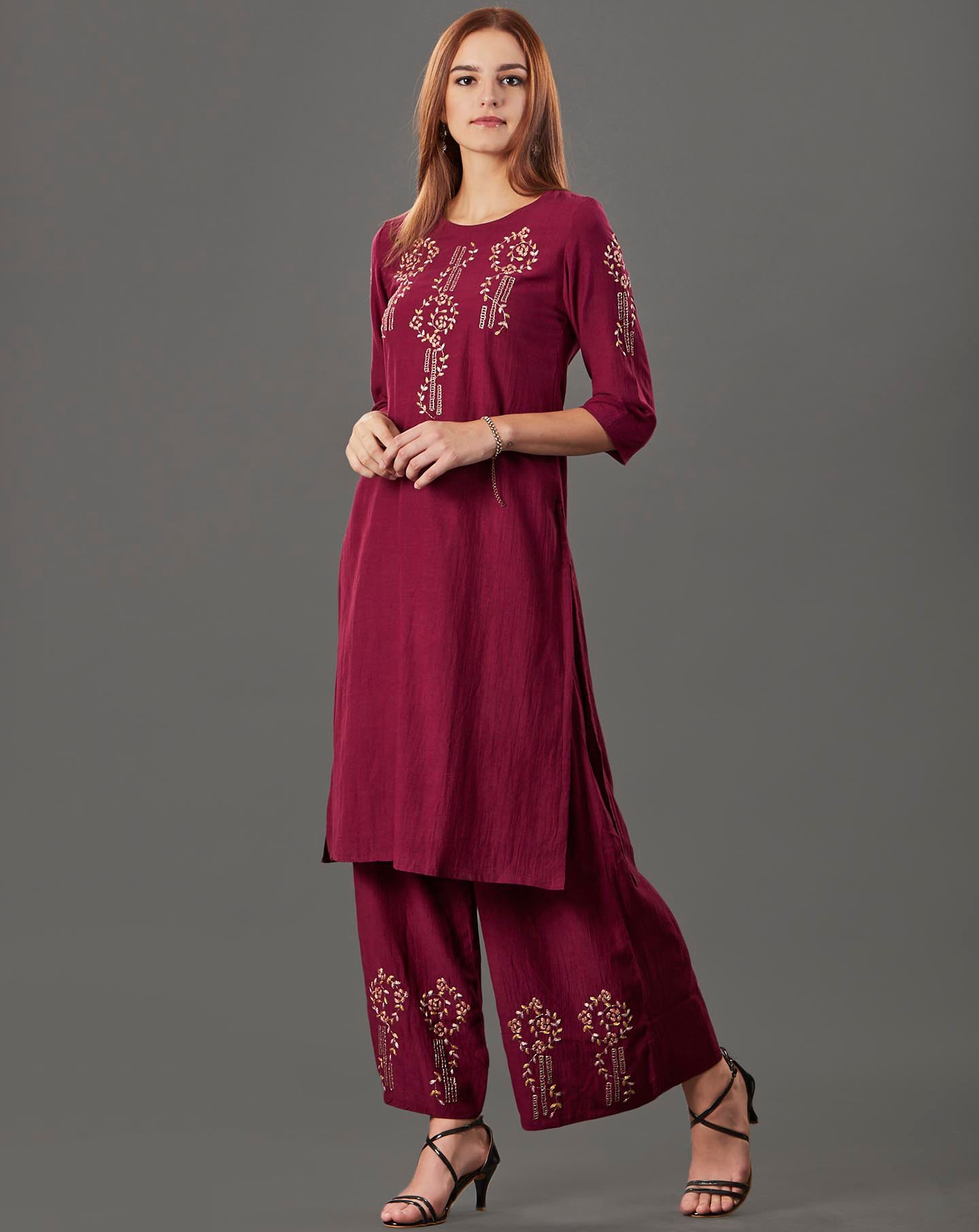 MAROON EMBROIDERED COTTON SILK KURTA
