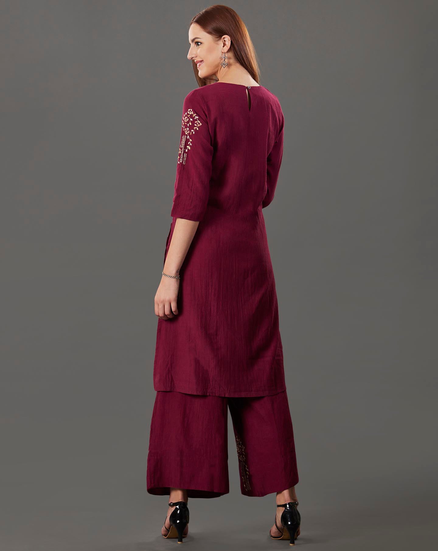 MAROON EMBROIDERED COTTON SILK KURTA