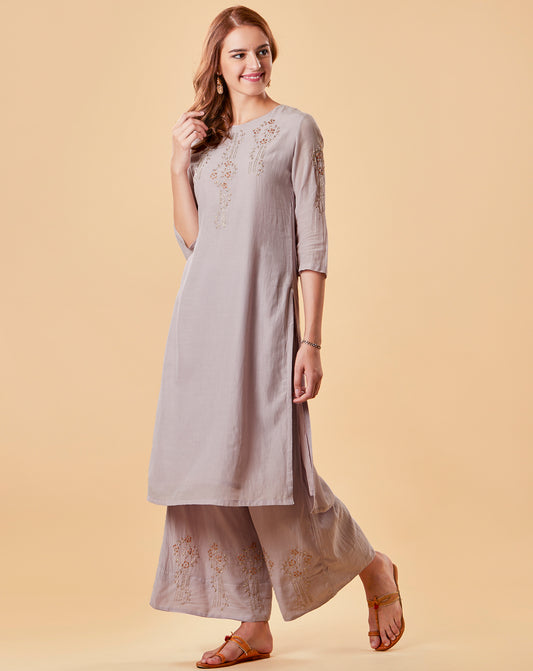 MAUVE EMBROIDERED COTTON SILK KURTA WITH FLARED PALAZZO