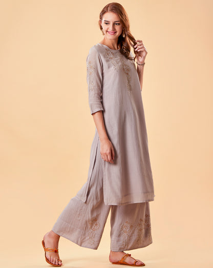 MAUVE EMBROIDERED COTTON SILK KURTA WITH FLARED PALAZZO