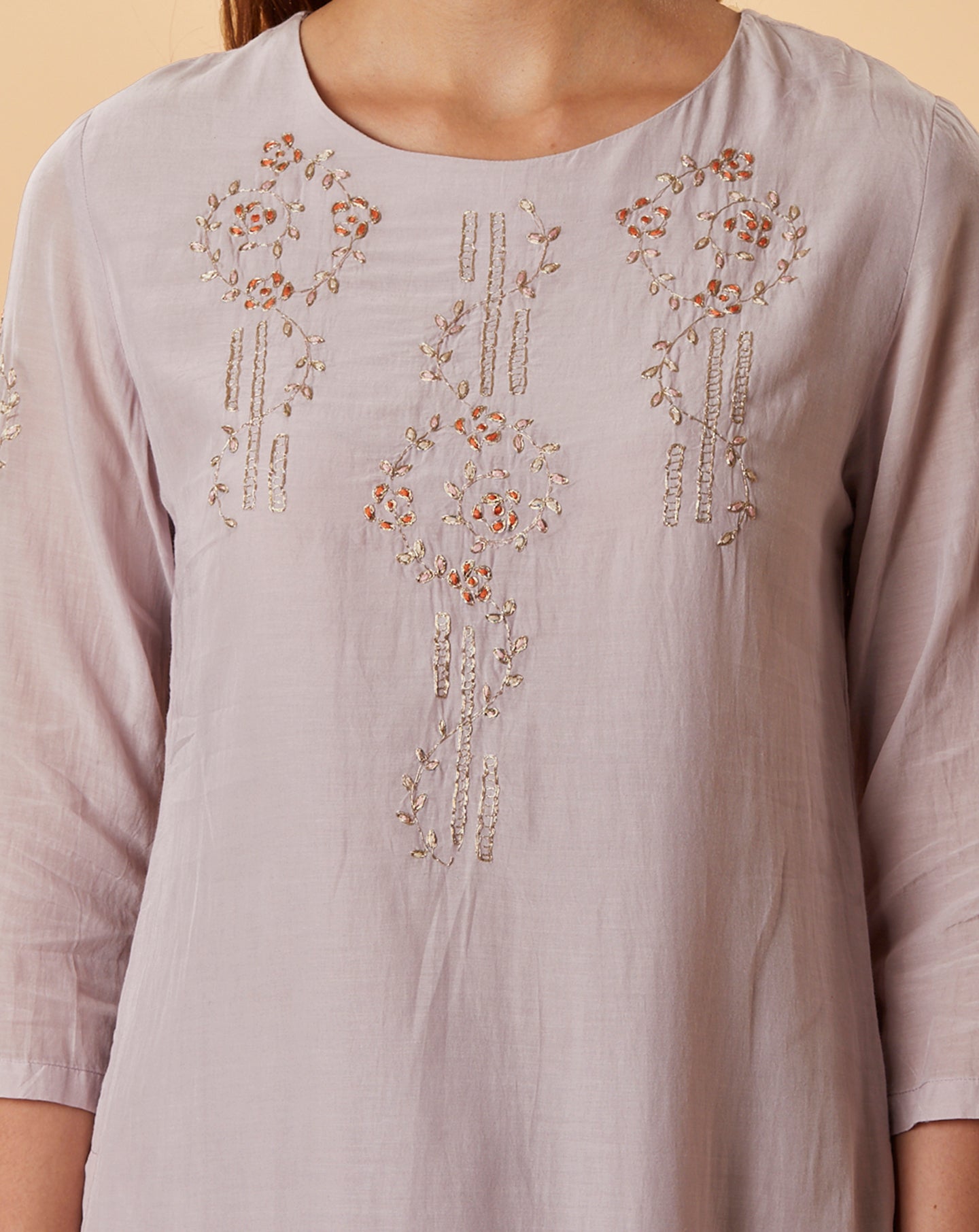 MAUVE EMBROIDERED COTTON SILK KURTA WITH FLARED PALAZZO