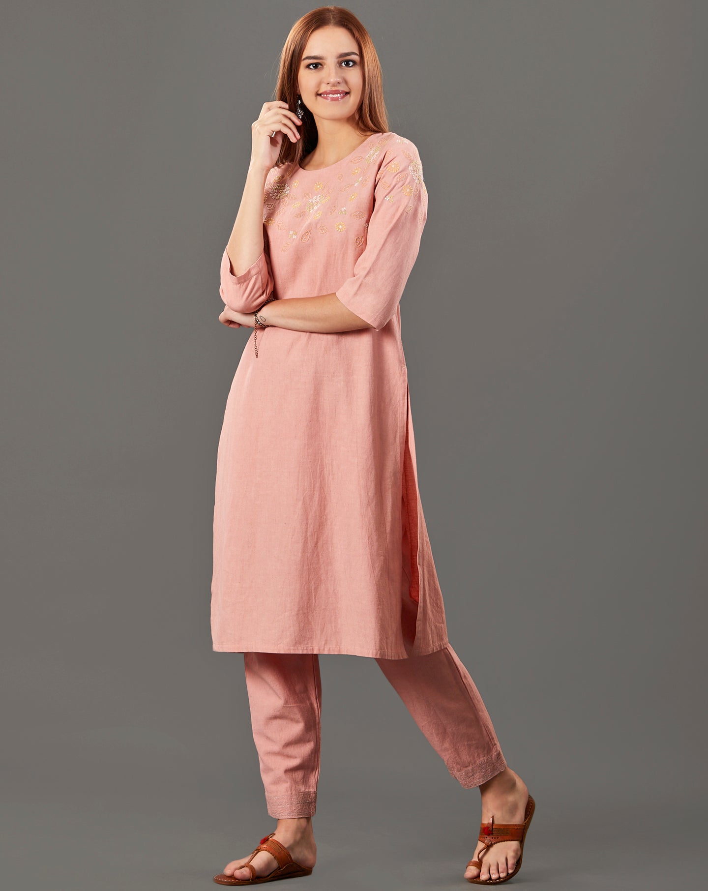 PEACH EMBROIDERED COTTON LINEN KURTA WITH PANTS