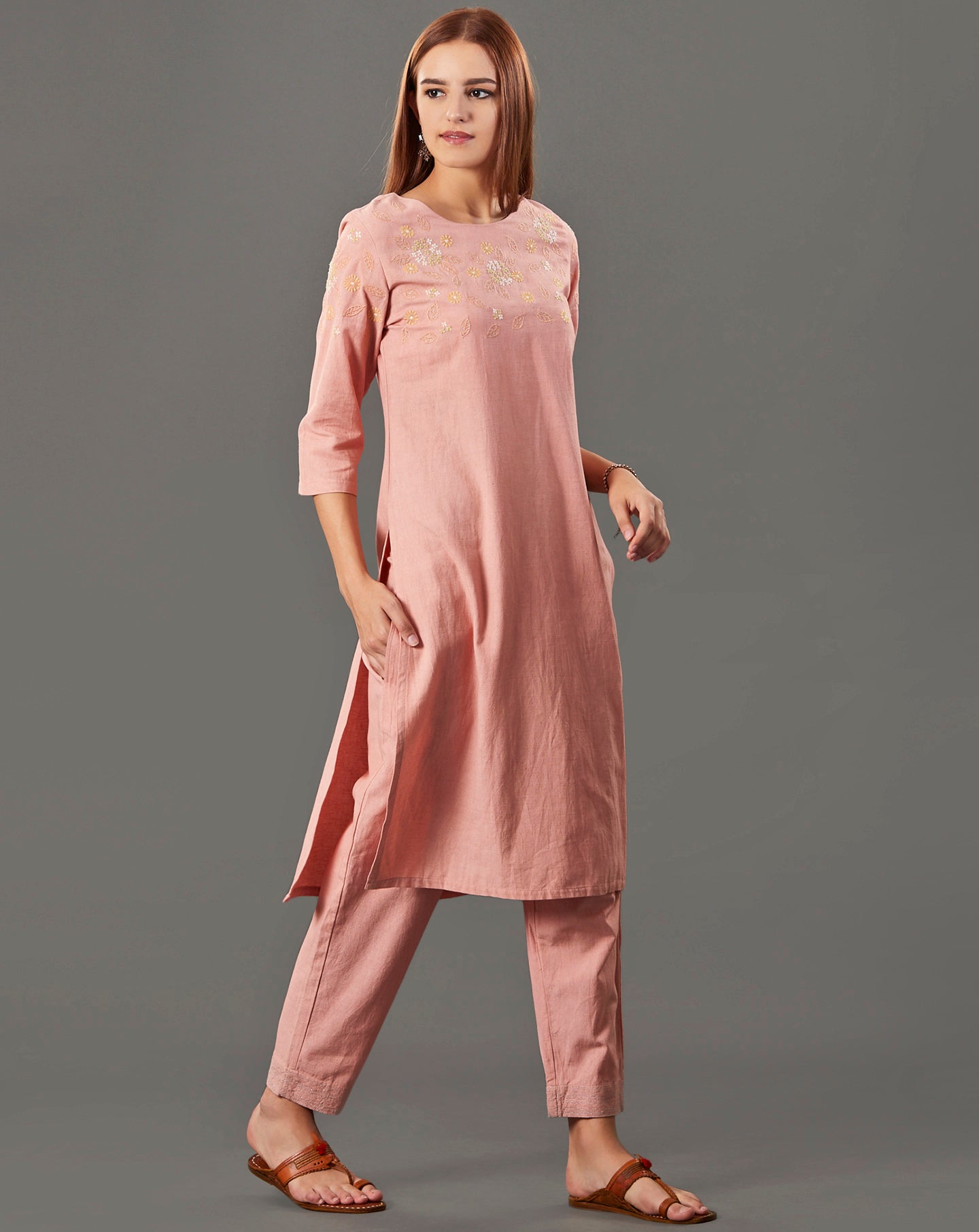 PEACH EMBROIDERED COTTON LINEN KURTA WITH PANTS