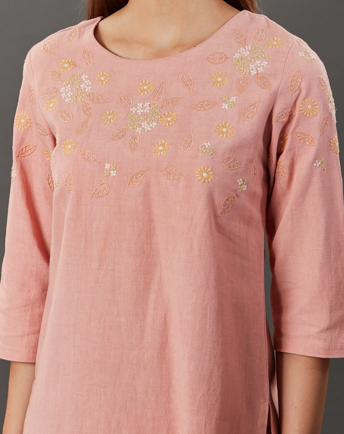 PEACH EMBROIDERED COTTON LINEN KURTA WITH PANTS