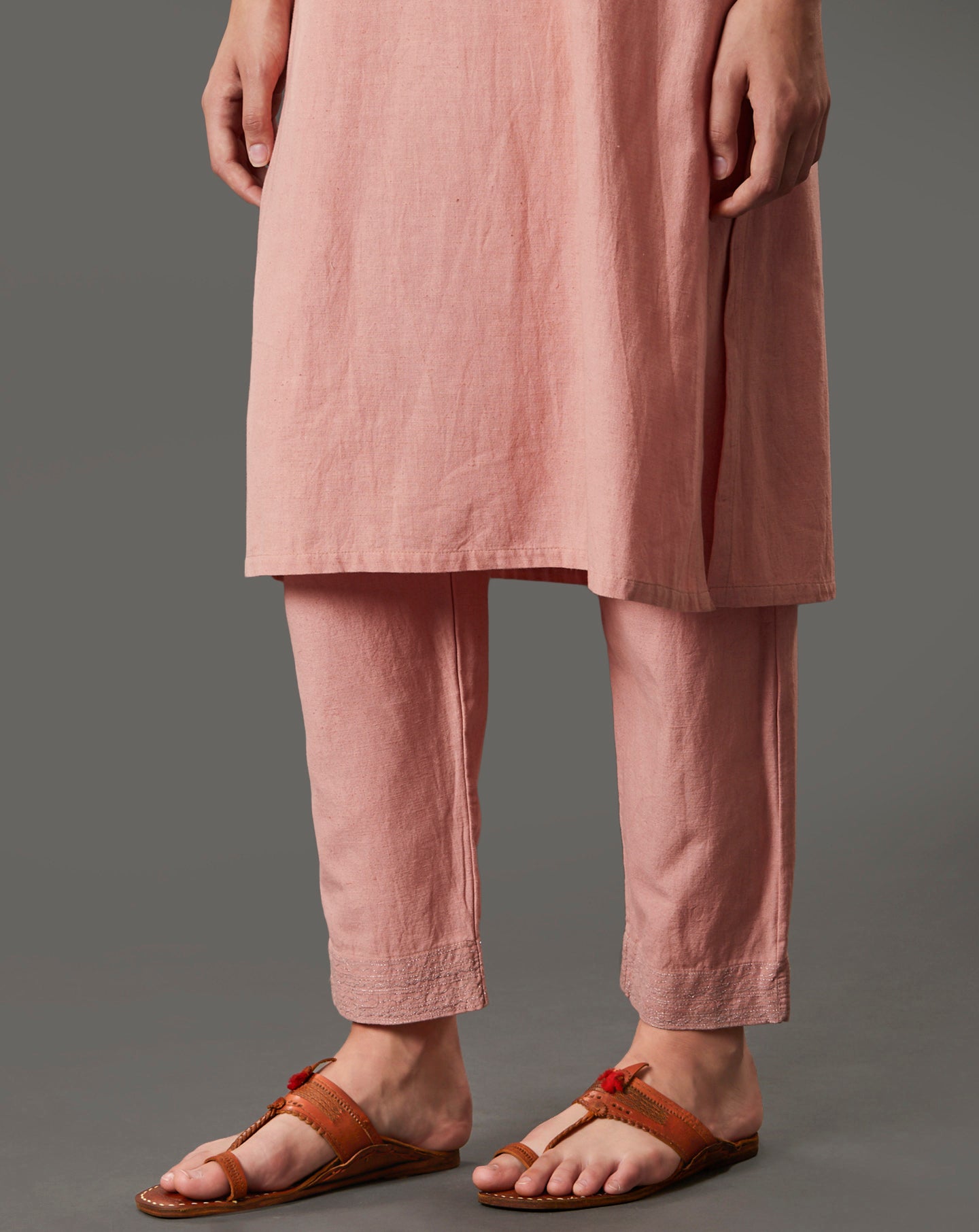 PEACH EMBROIDERED COTTON LINEN KURTA WITH PANTS