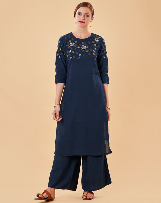 BLUE EMBROIDERED COTTON SILK KURTA WITH FLARED PALAZZO