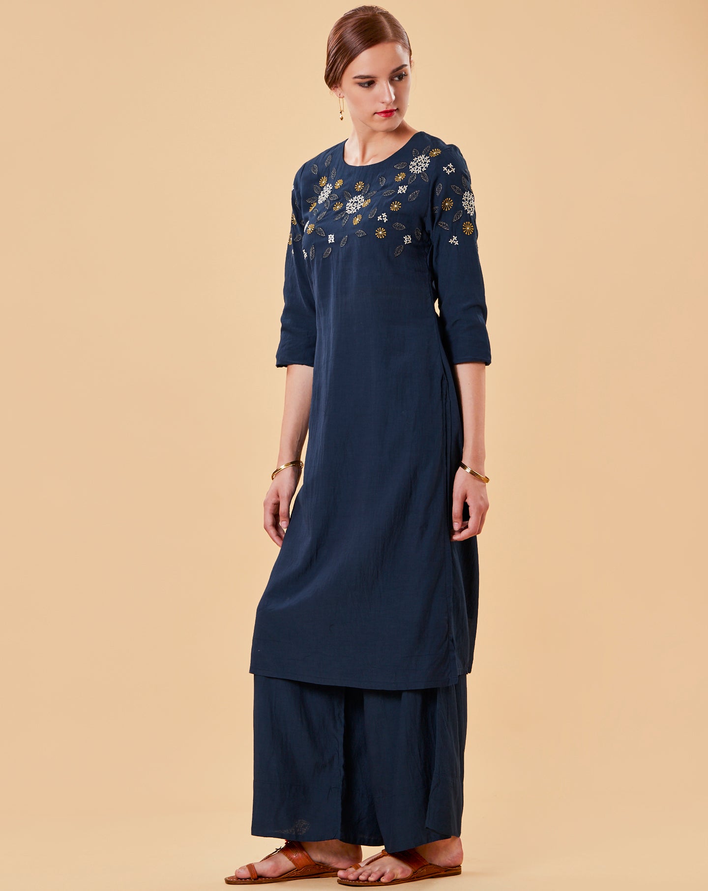 BLUE EMBROIDERED COTTON SILK KURTA WITH FLARED PALAZZO