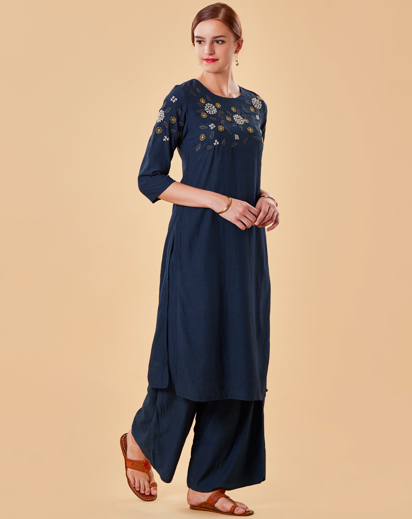 BLUE EMBROIDERED COTTON SILK KURTA WITH FLARED PALAZZO