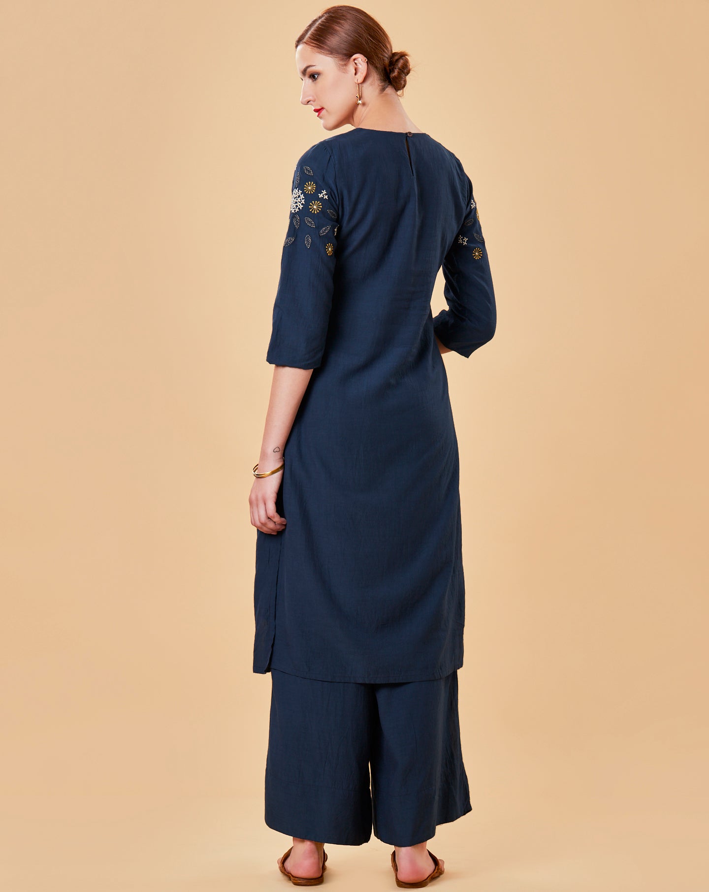 BLUE EMBROIDERED COTTON SILK KURTA WITH FLARED PALAZZO