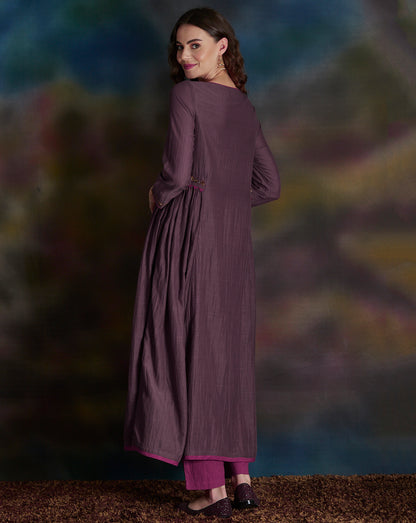 MAUVE EMBELLISHED COTTON SILK ANARKALI KURTA WITH MAGENTA PANTS