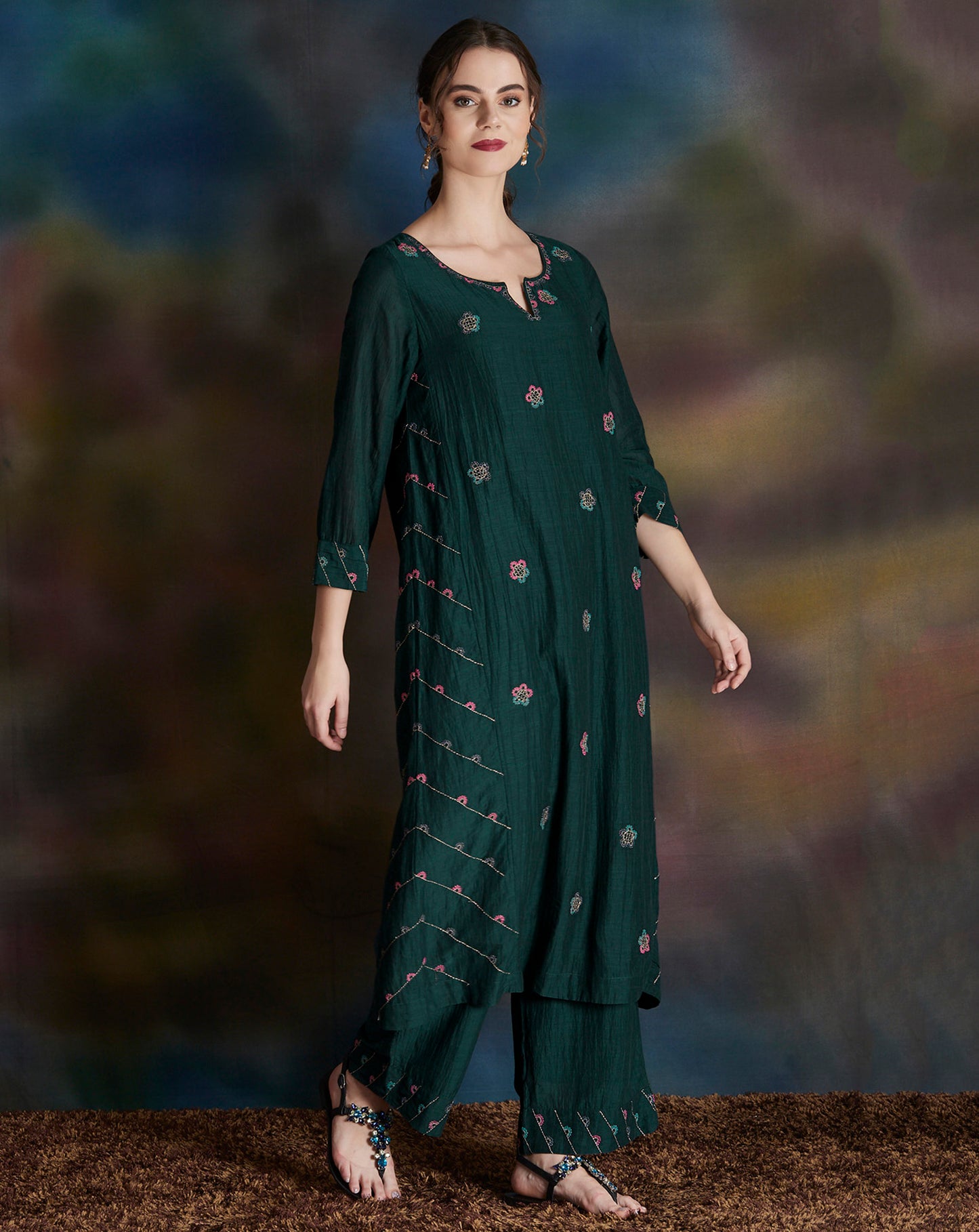 GREEN THREAD EMBROIDERED COTTON SILK KURTA WITH PANTS