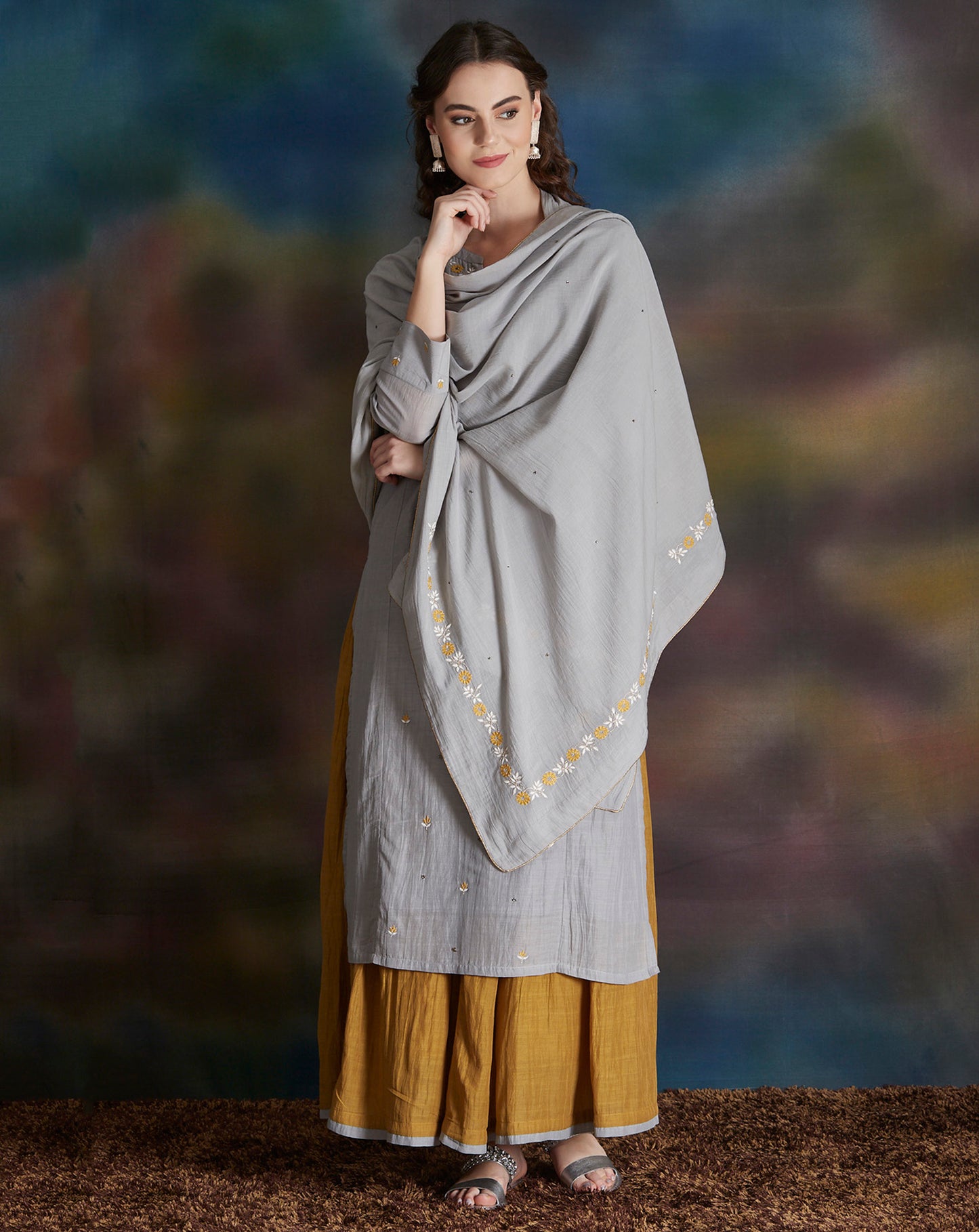 GREY EMBROIDERED COTTON SILK KURTA WITH OLIVE GREEN GATHERED SKIRT
