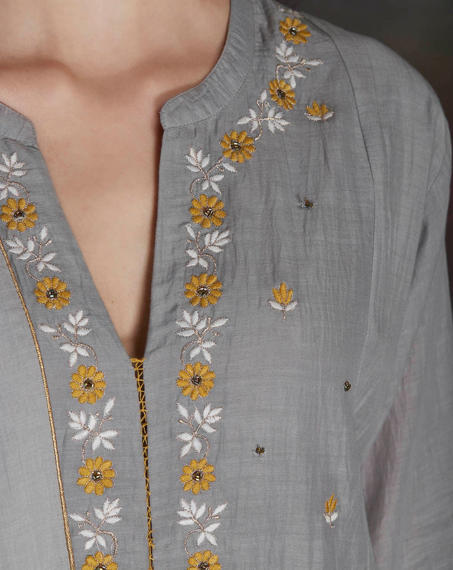 GREY EMBROIDERED COTTON SILK KURTA WITH OLIVE GREEN GATHERED SKIRT