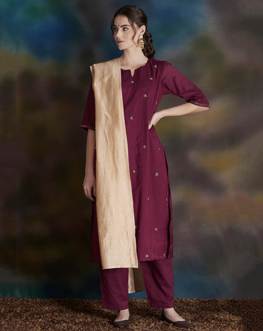 BURGUNDY EMBELLISHED COTTON SILK KURTA WITH PANTS