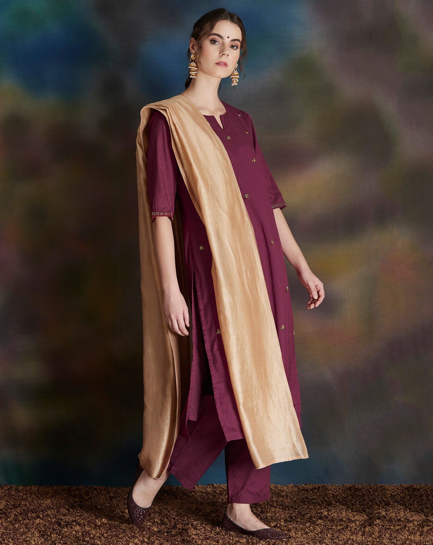 BURGUNDY EMBELLISHED COTTON SILK KURTA WITH PANTS