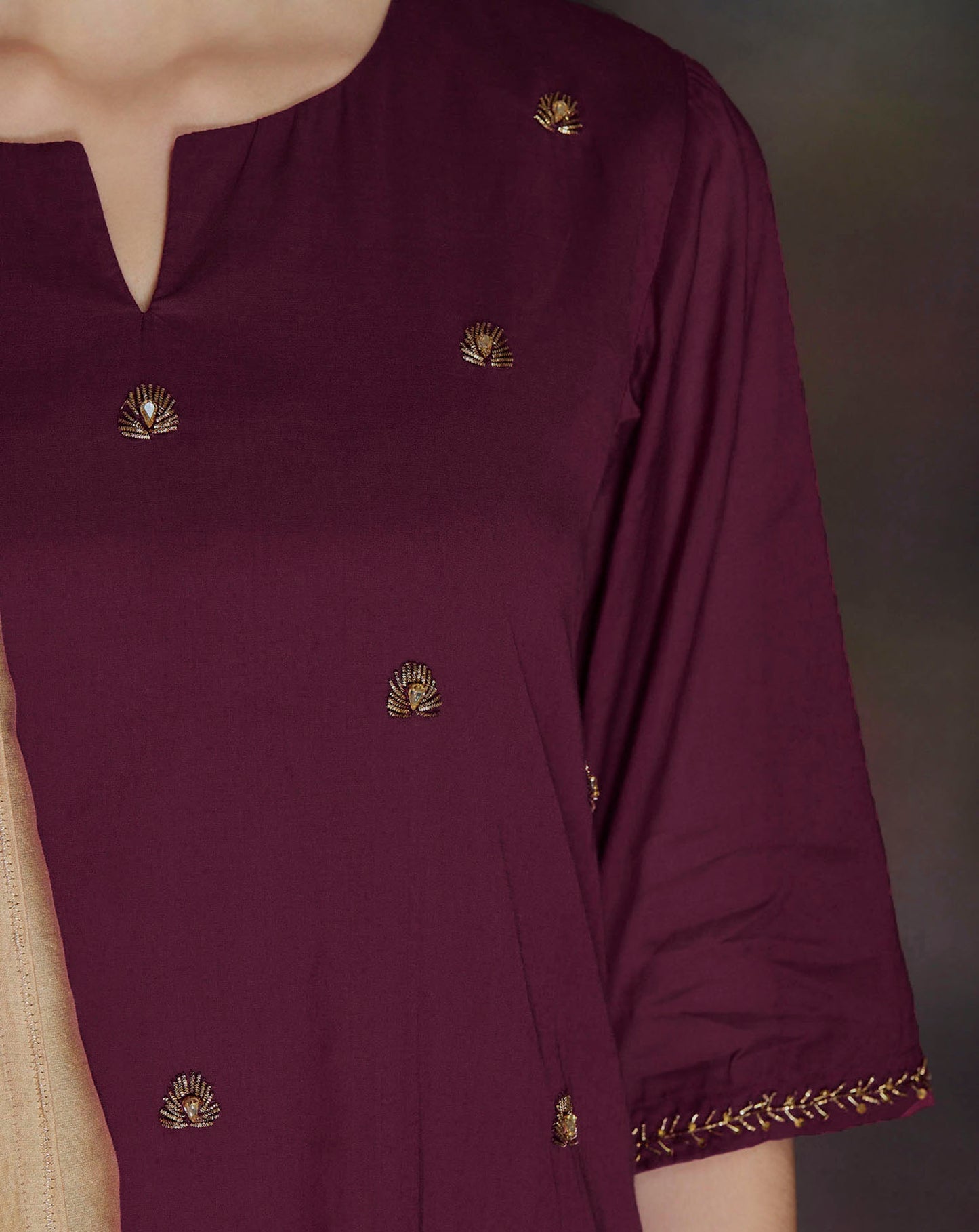 BURGUNDY EMBELLISHED COTTON SILK KURTA WITH PANTS