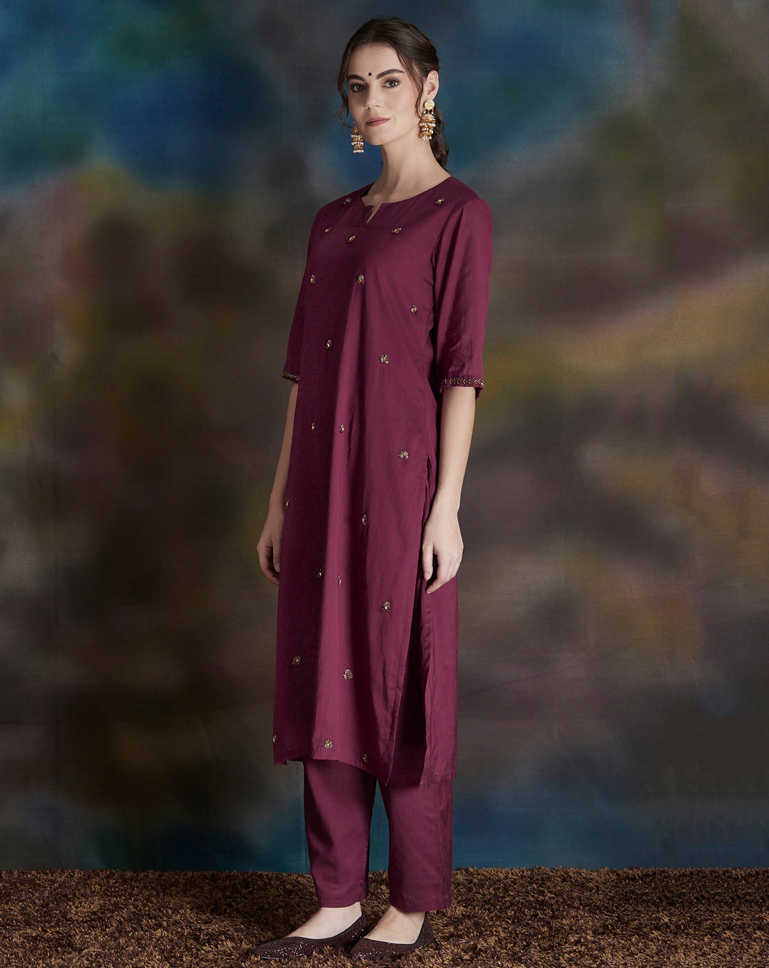 BURGUNDY EMBELLISHED COTTON SILK KURTA WITH PANTS