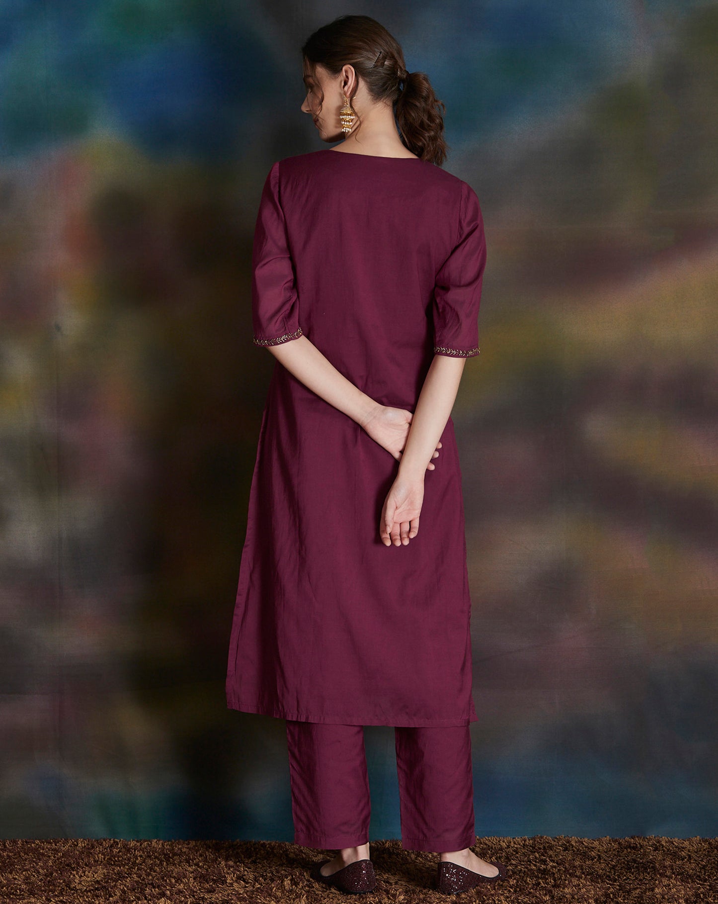 BURGUNDY EMBELLISHED COTTON SILK KURTA WITH PANTS