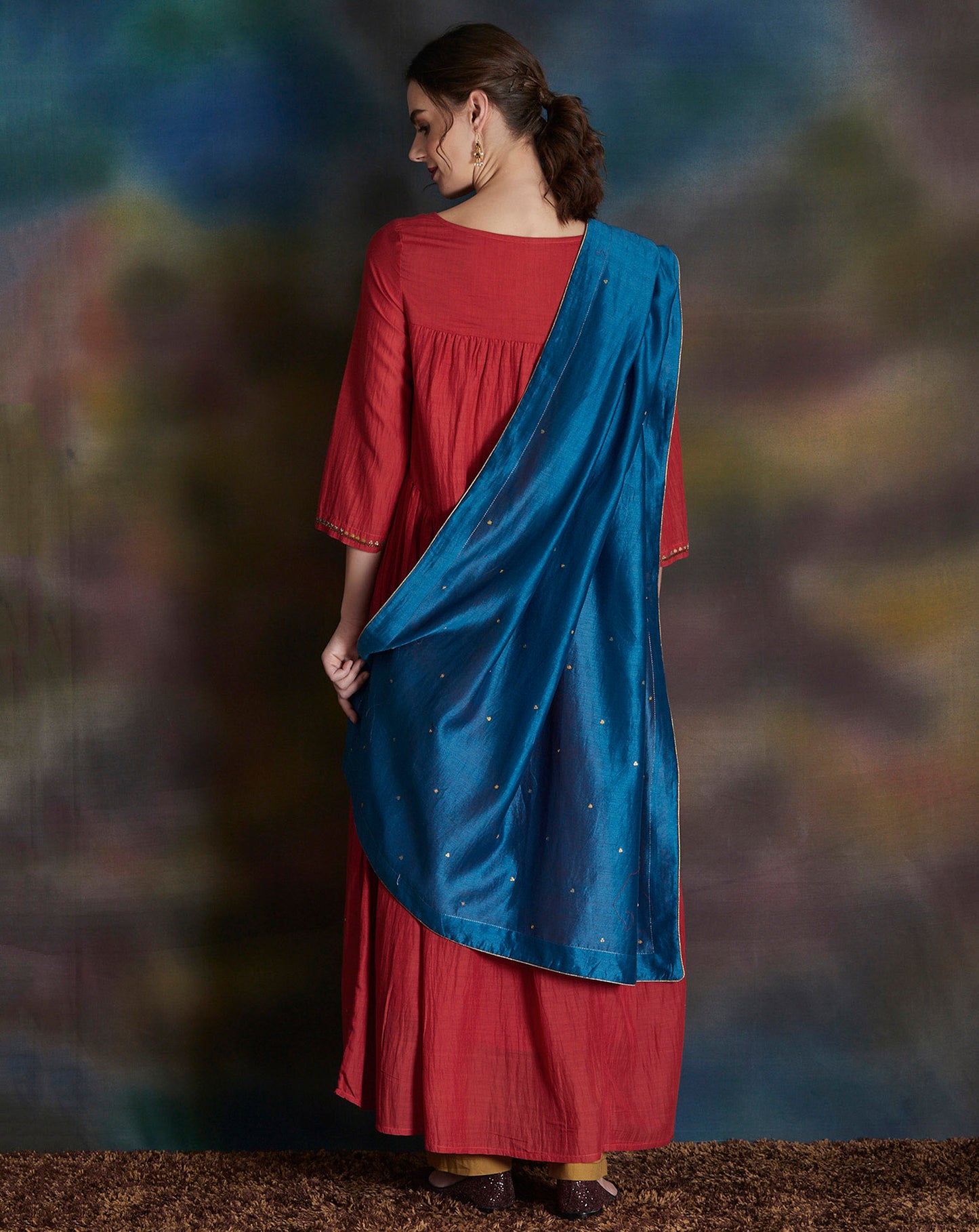 RUST EMBELLISHED COTTON SILK KURTA WITH MUSTARD YELLOW PANTS