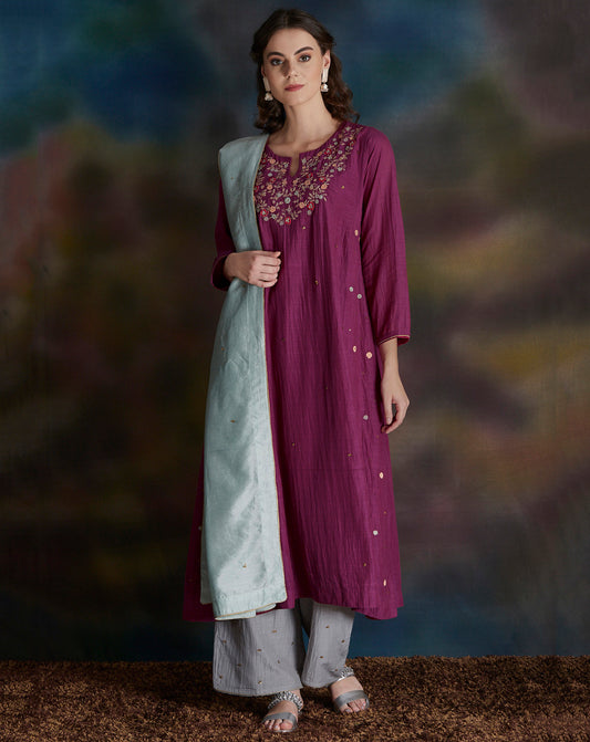 MAGENTA EMBROIDERED COTTON SILK KURTA WITH GREY PALAZZO