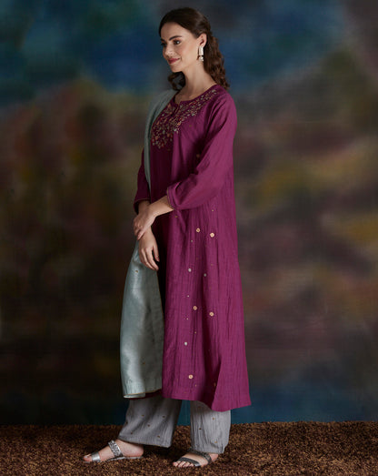 MAGENTA EMBROIDERED COTTON SILK KURTA WITH GREY PALAZZO