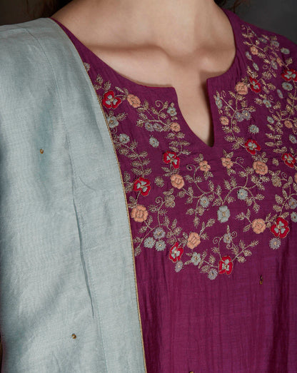 MAGENTA EMBROIDERED COTTON SILK KURTA WITH GREY PALAZZO