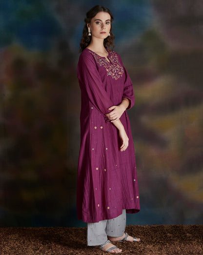 MAGENTA EMBROIDERED COTTON SILK KURTA WITH GREY PALAZZO