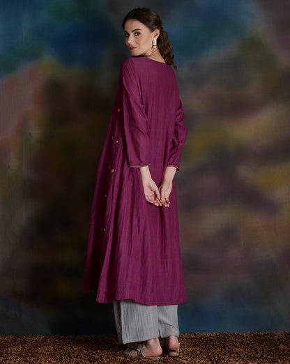 MAGENTA EMBROIDERED COTTON SILK KURTA WITH GREY PALAZZO