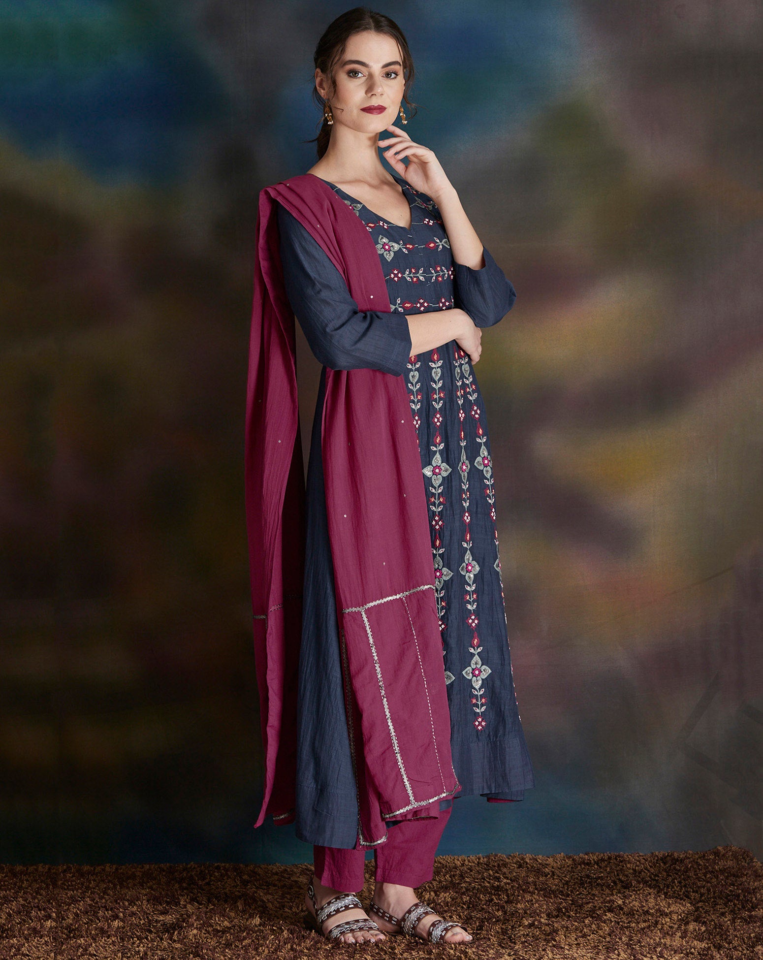 NAVY BLUE EMBROIDERED COTTON SILK KURTA WITH MAGENTA PANTS