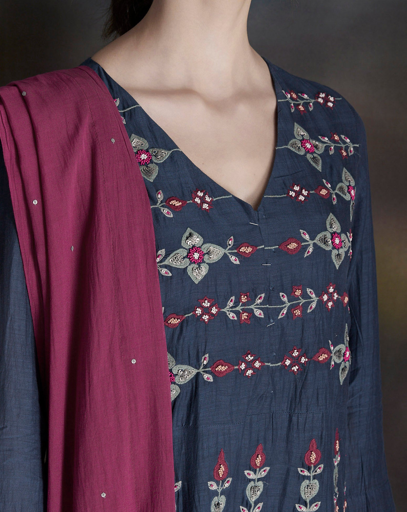 NAVY BLUE EMBROIDERED COTTON SILK KURTA WITH MAGENTA PANTS