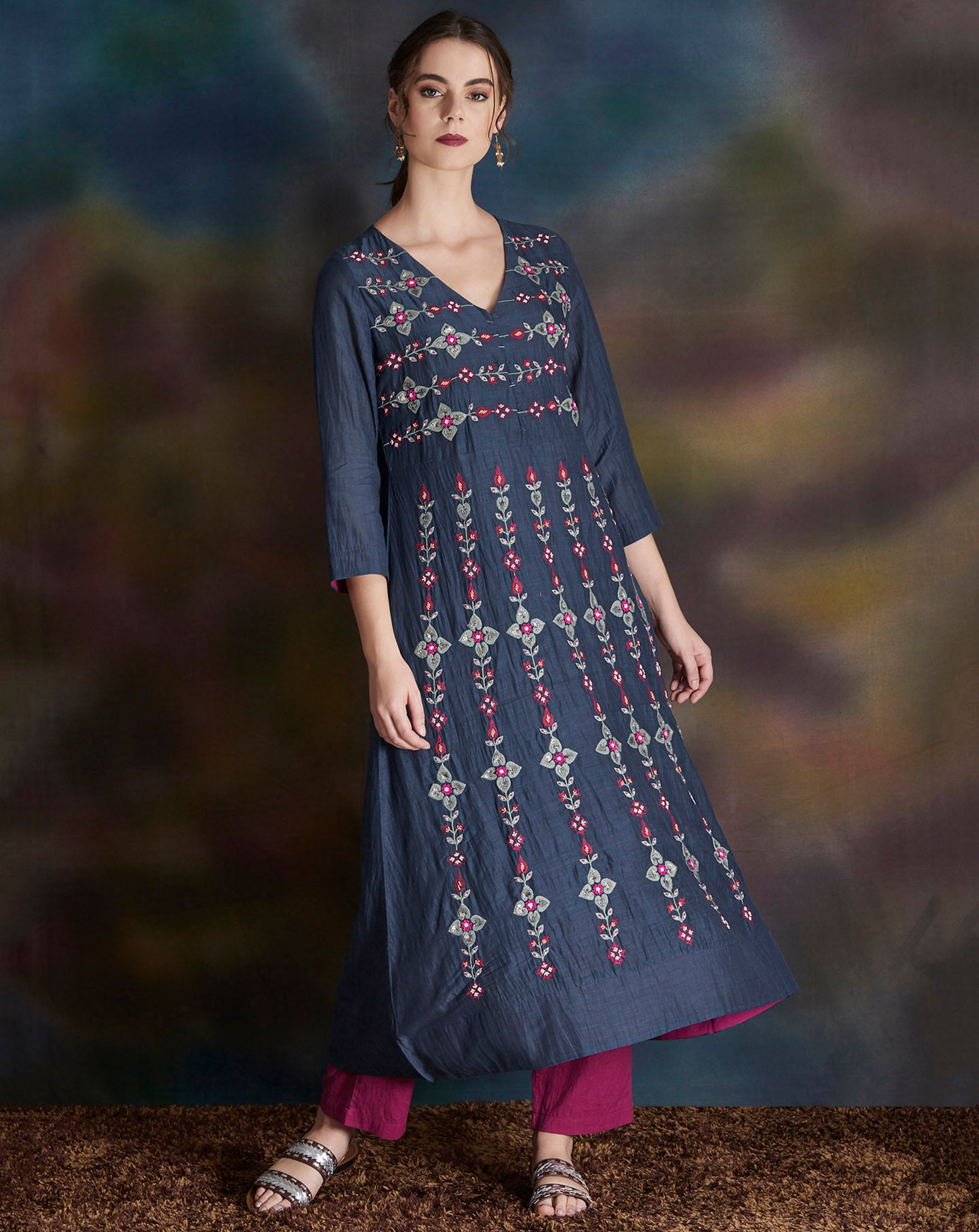 NAVY BLUE EMBROIDERED COTTON SILK KURTA WITH MAGENTA PANTS