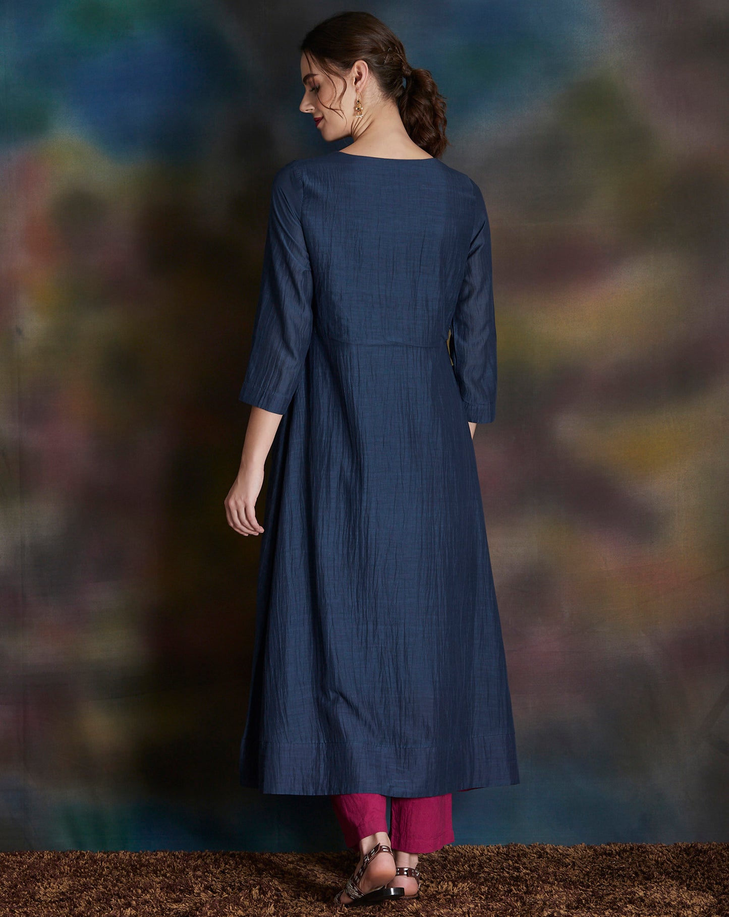 NAVY BLUE EMBROIDERED COTTON SILK KURTA WITH MAGENTA PANTS