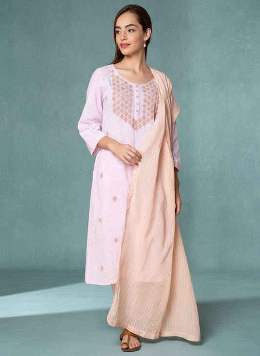 PINK COTTON DOBBY PLEATED KURTA WITH PANTS