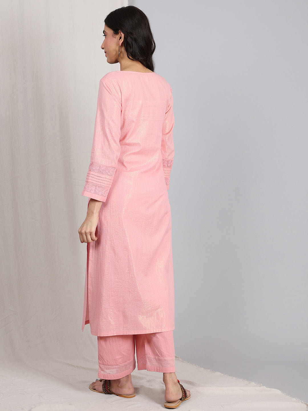 PASTEL PINK EMBROIDERED COTTON LUREX KURTA WITH PANTS