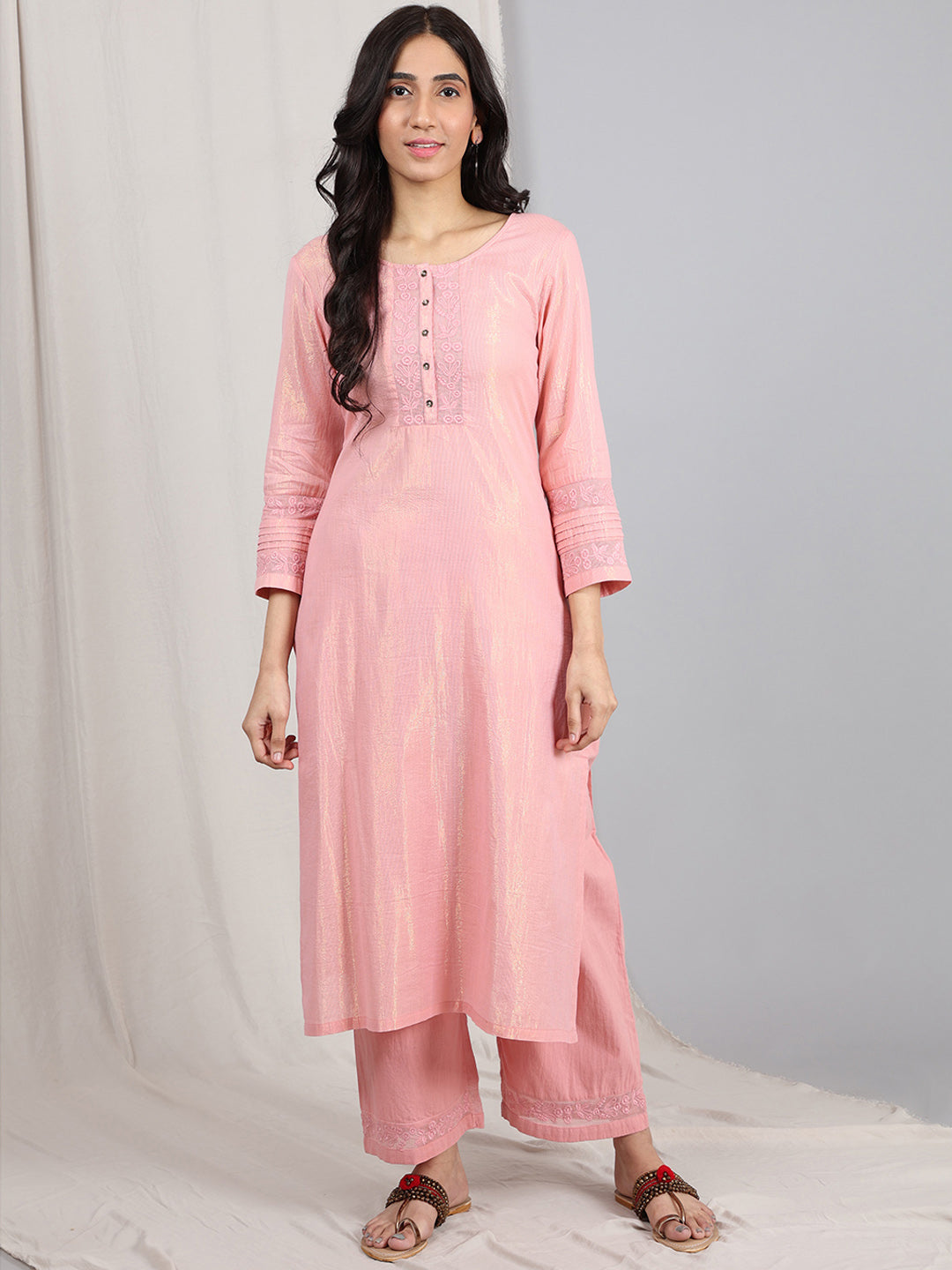 PASTEL PINK EMBROIDERED COTTON LUREX KURTA WITH PANTS