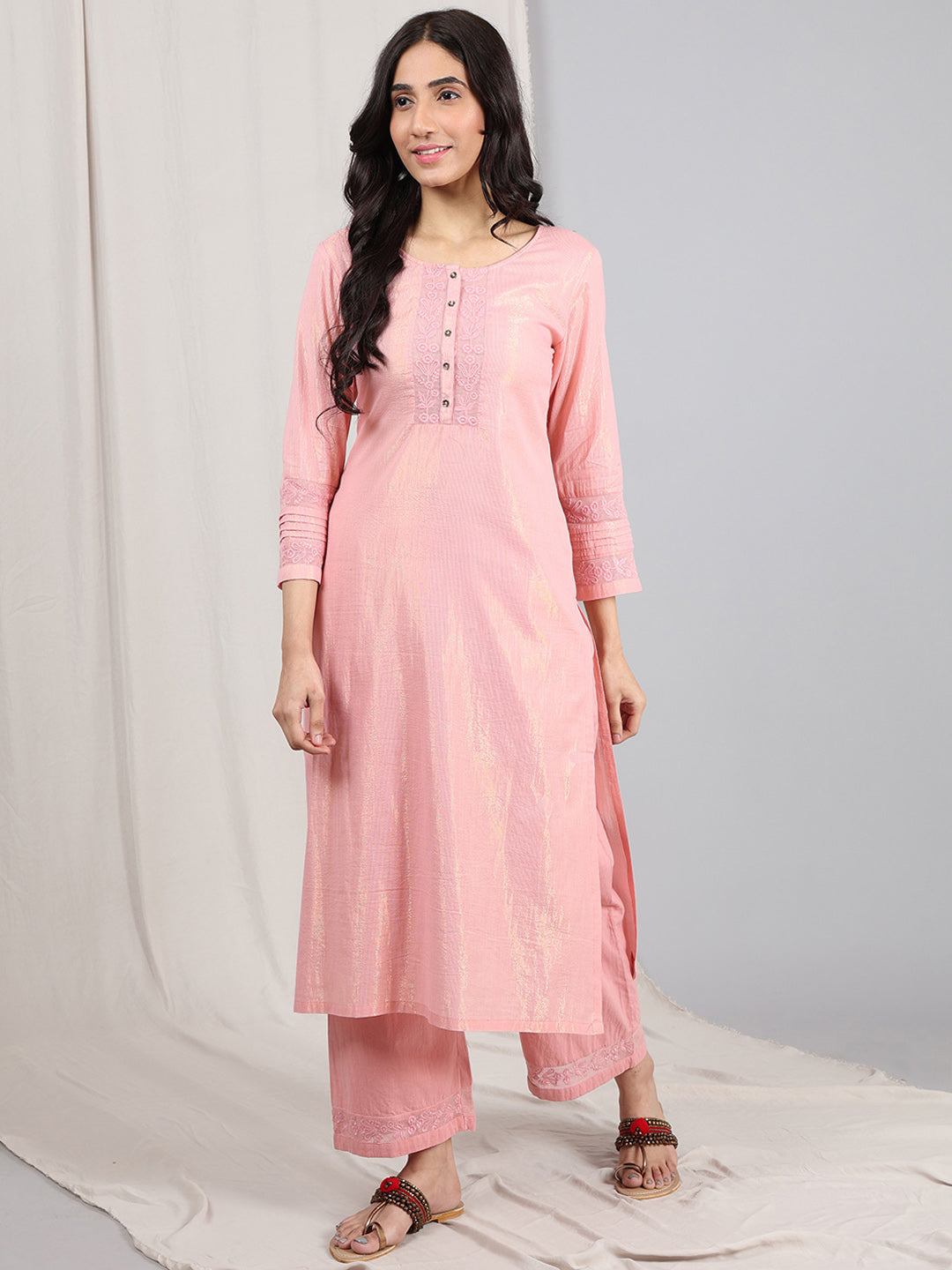 PASTEL PINK EMBROIDERED COTTON LUREX KURTA WITH PANTS