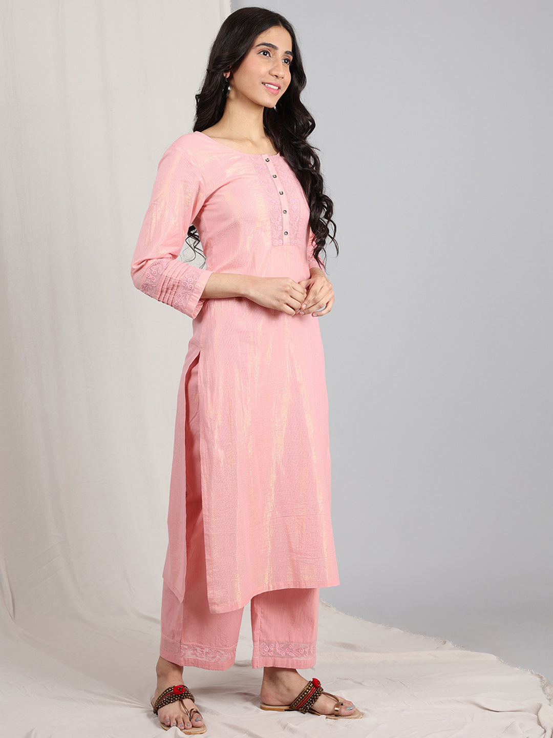 PASTEL PINK EMBROIDERED COTTON LUREX KURTA WITH PANTS