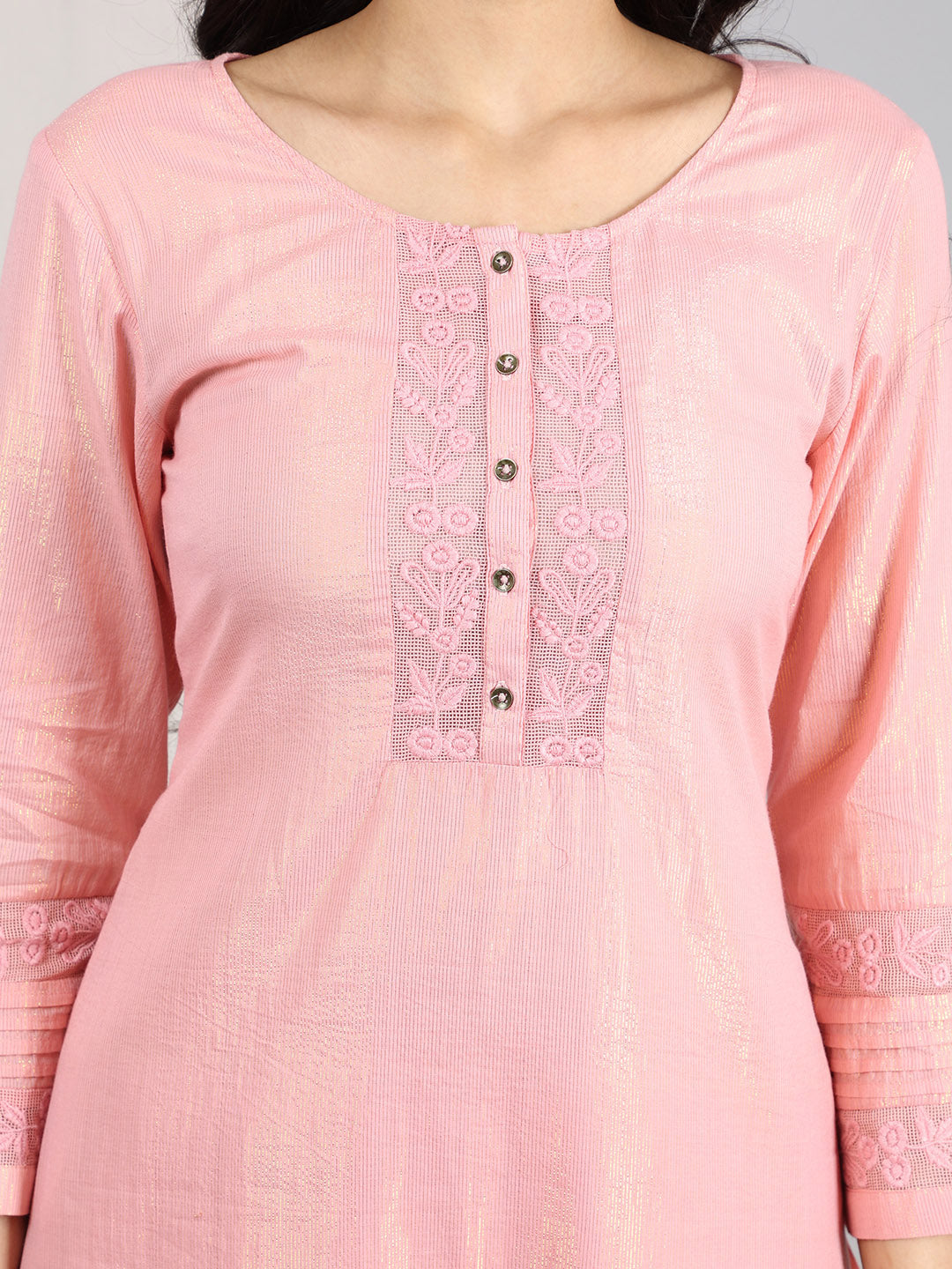 PASTEL PINK EMBROIDERED COTTON LUREX KURTA WITH PANTS