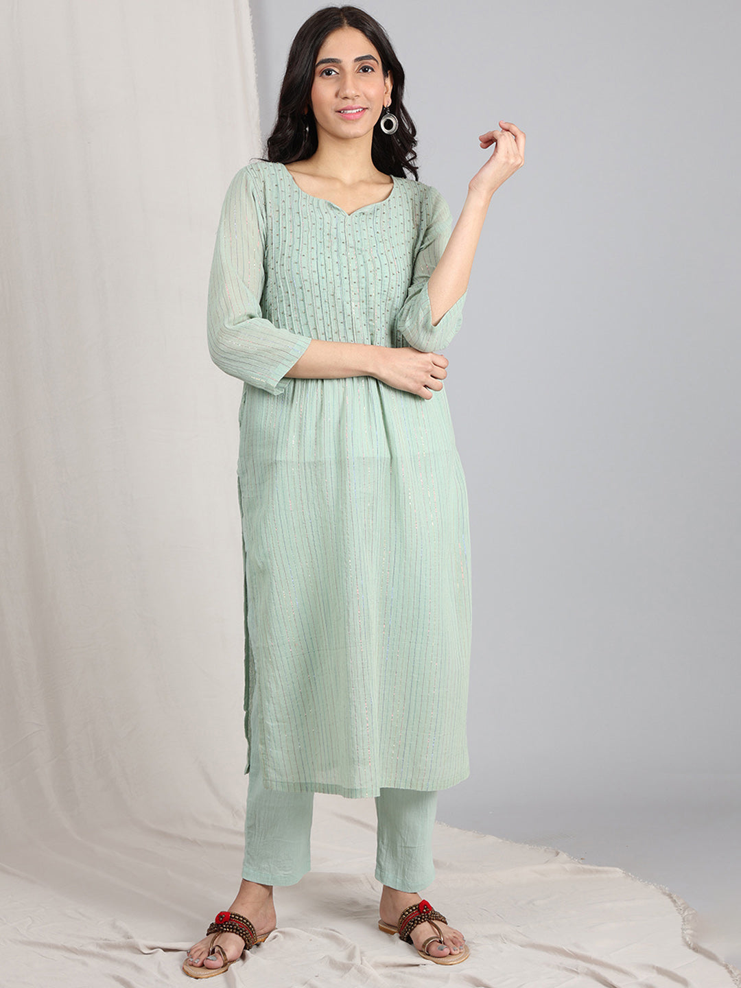 GREEN EMBROIDERED COTTON LUREX KURTA WITH PANTS