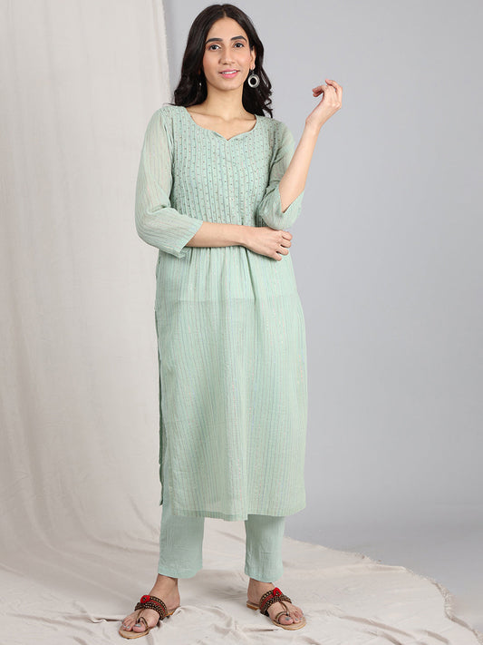 GREEN EMBROIDERED COTTON LUREX KURTA