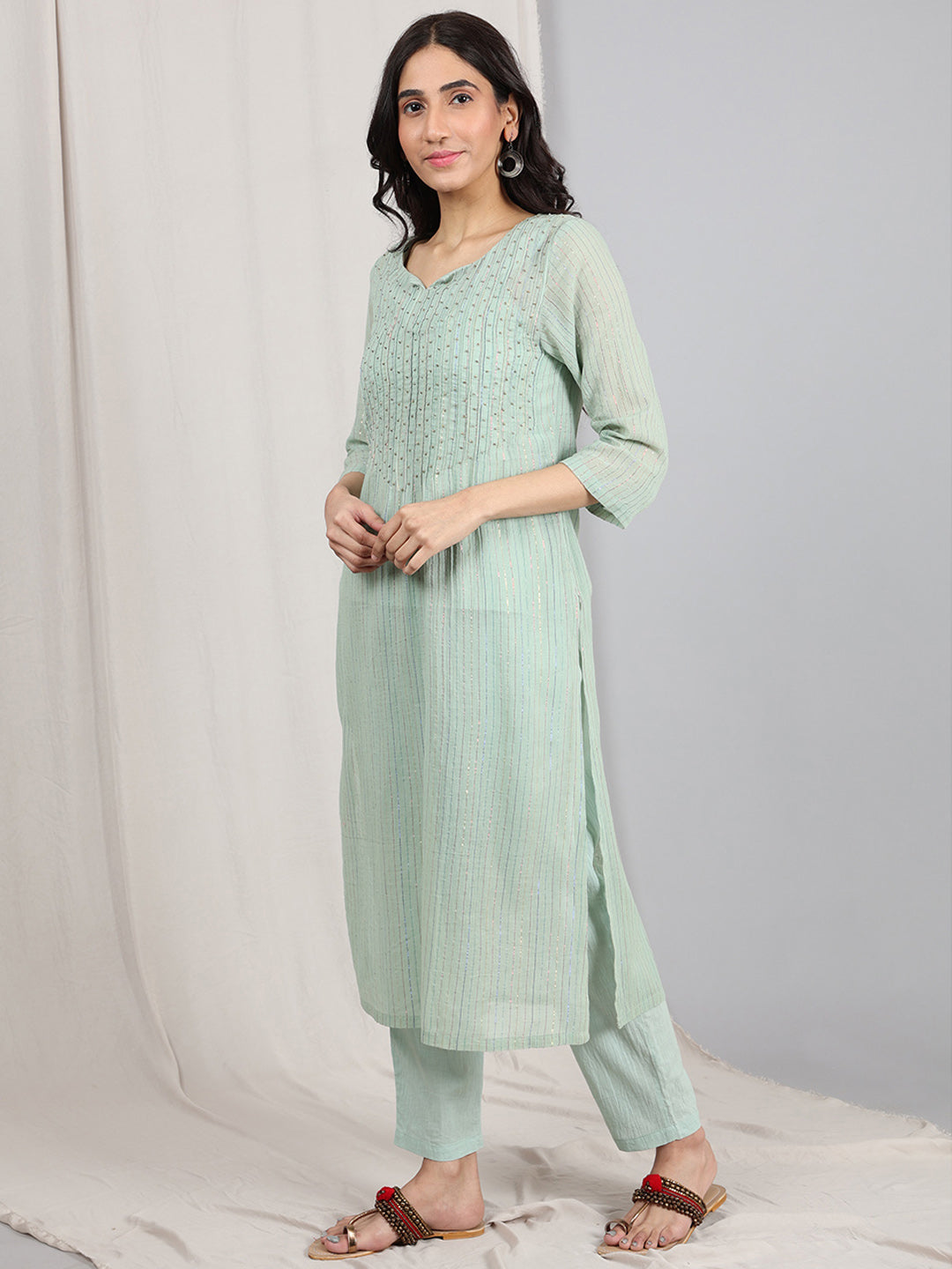 GREEN EMBROIDERED COTTON LUREX KURTA WITH PANTS