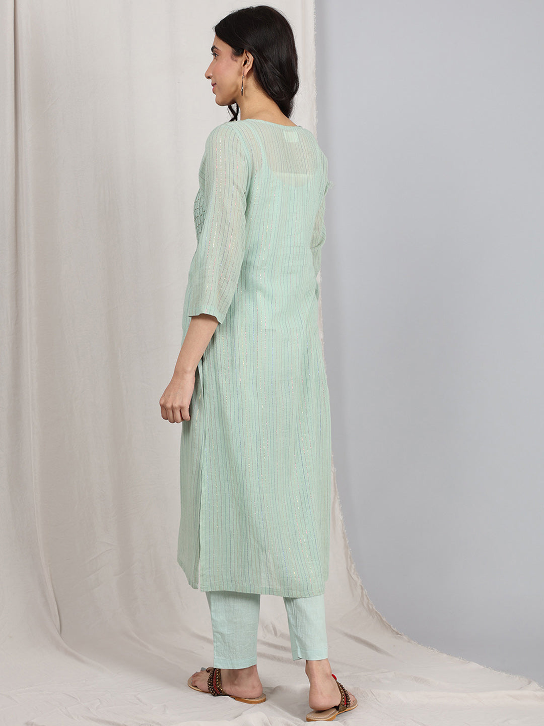 GREEN EMBROIDERED COTTON LUREX KURTA WITH PANTS