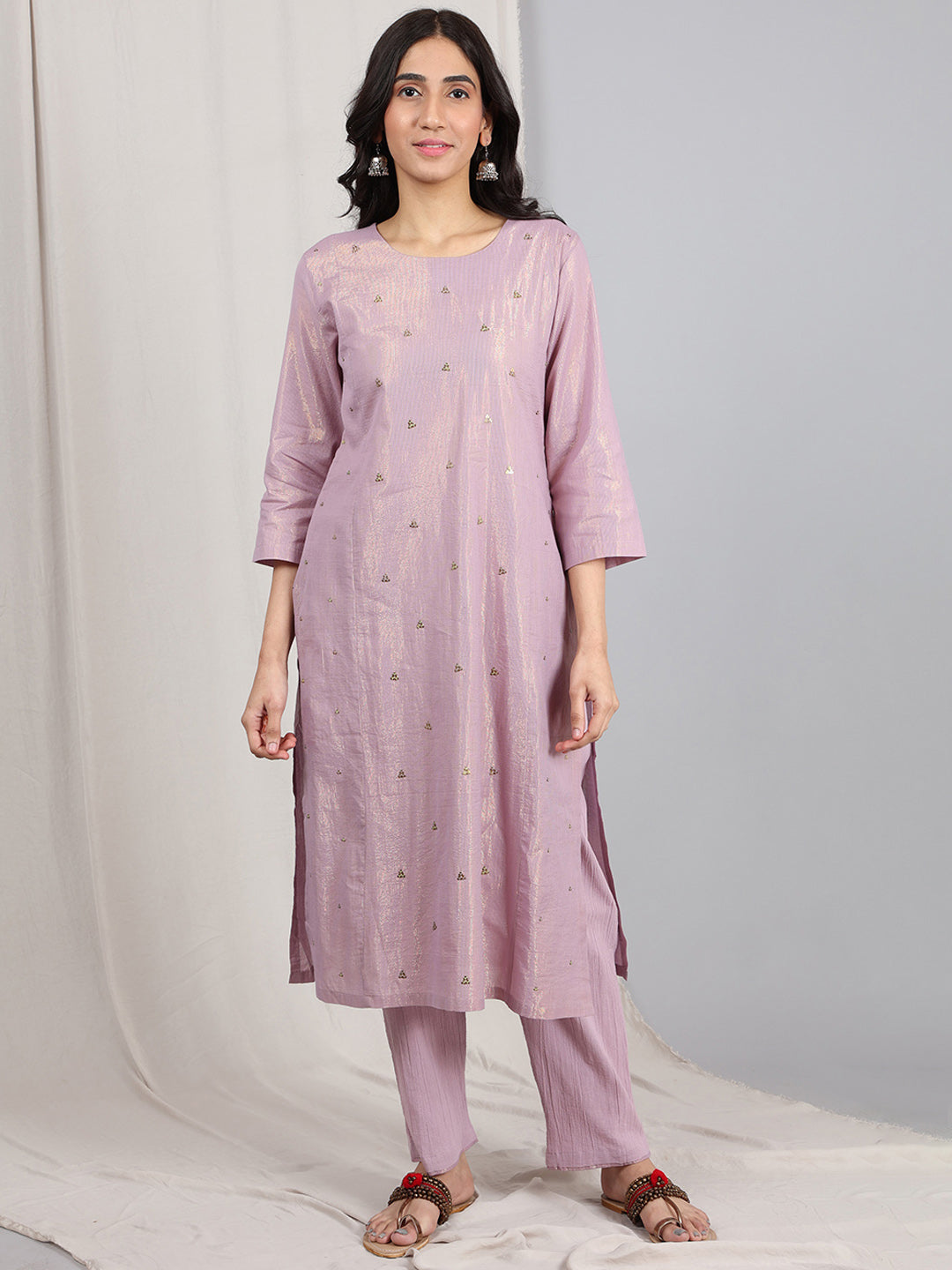 LIGHT PURPLE COTTON LUREX EMBELLISHED KURTA WITH PANTS