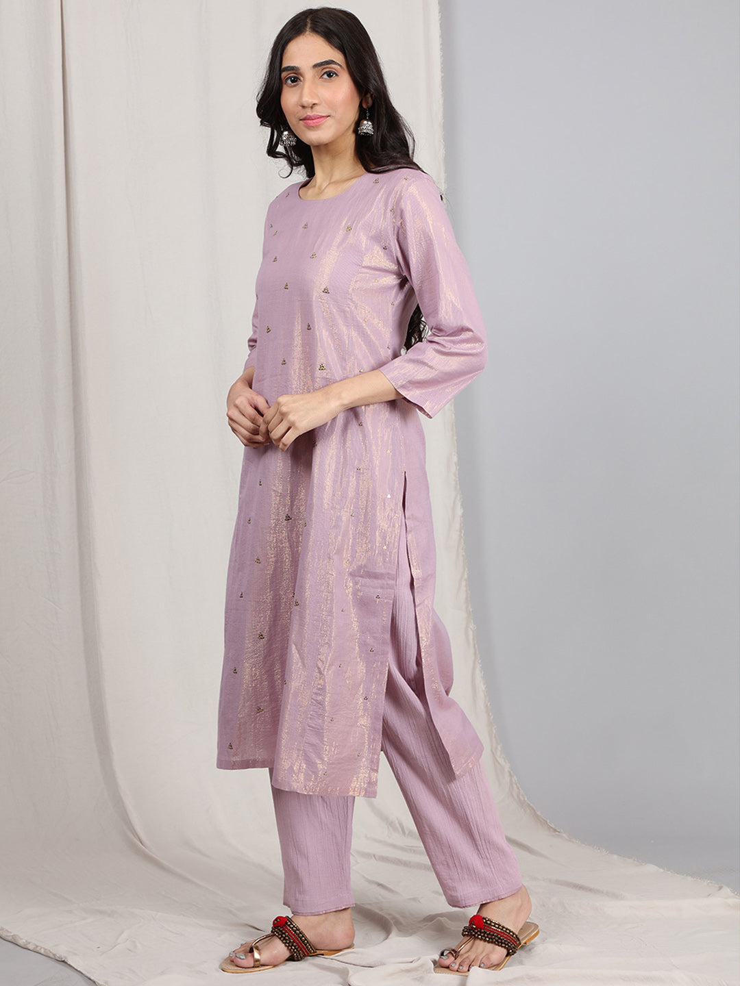 LIGHT PURPLE COTTON LUREX EMBELLISHED KURTA WITH PANTS