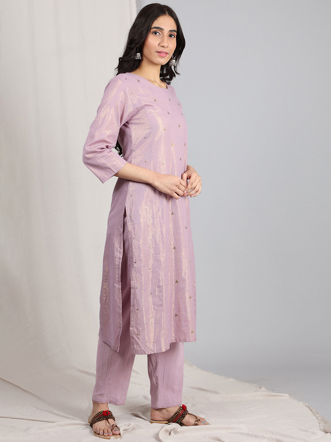 LIGHT PURPLE COTTON LUREX EMBELLISHED KURTA WITH PANTS