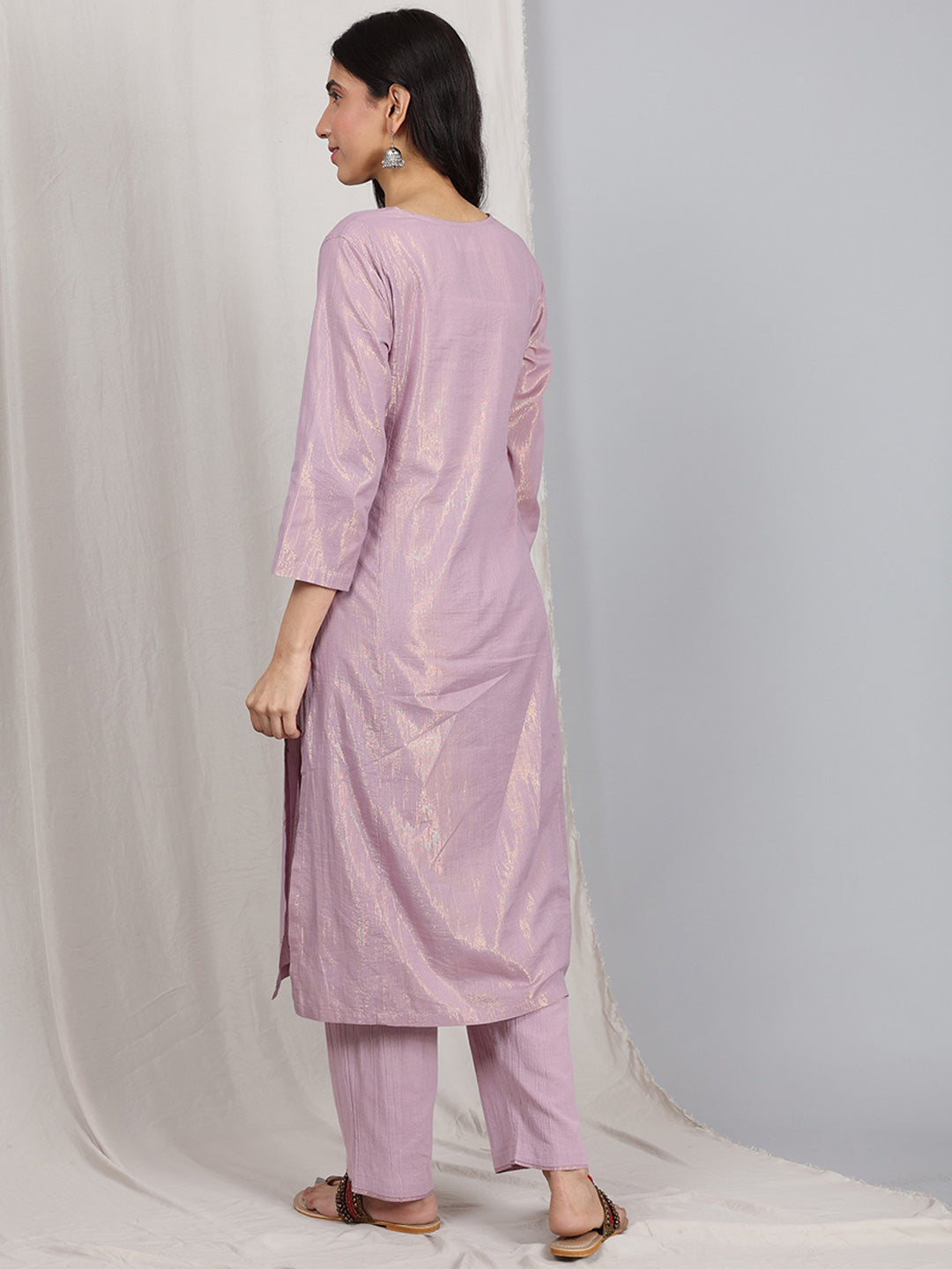 LIGHT PURPLE COTTON LUREX EMBELLISHED KURTA WITH PANTS