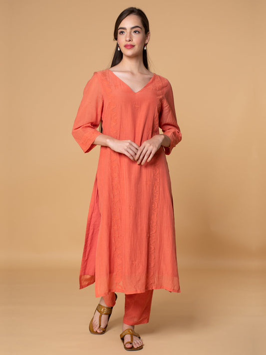 CORAL APPLIQUE EMBROIDERED COTTON SILK KURTA